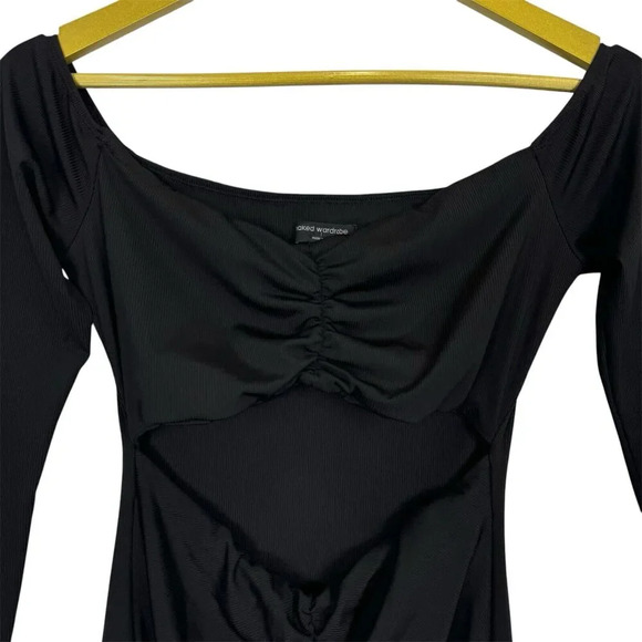 Naked Wardrobe Whimsigoth Off The Shoulder Mini Dress Large Black Ruched Cut Out - Picture 5 of 8